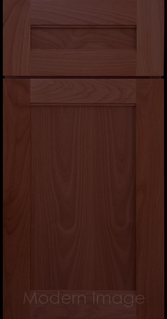Destin shaker cabinet in Cherry Stain featuring ledge detail and vertical joints around a recessed center panel.